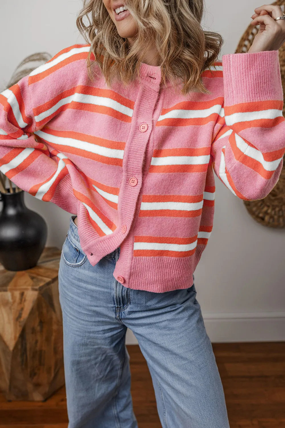 Striped Button Up Long Sleeve Cardigan