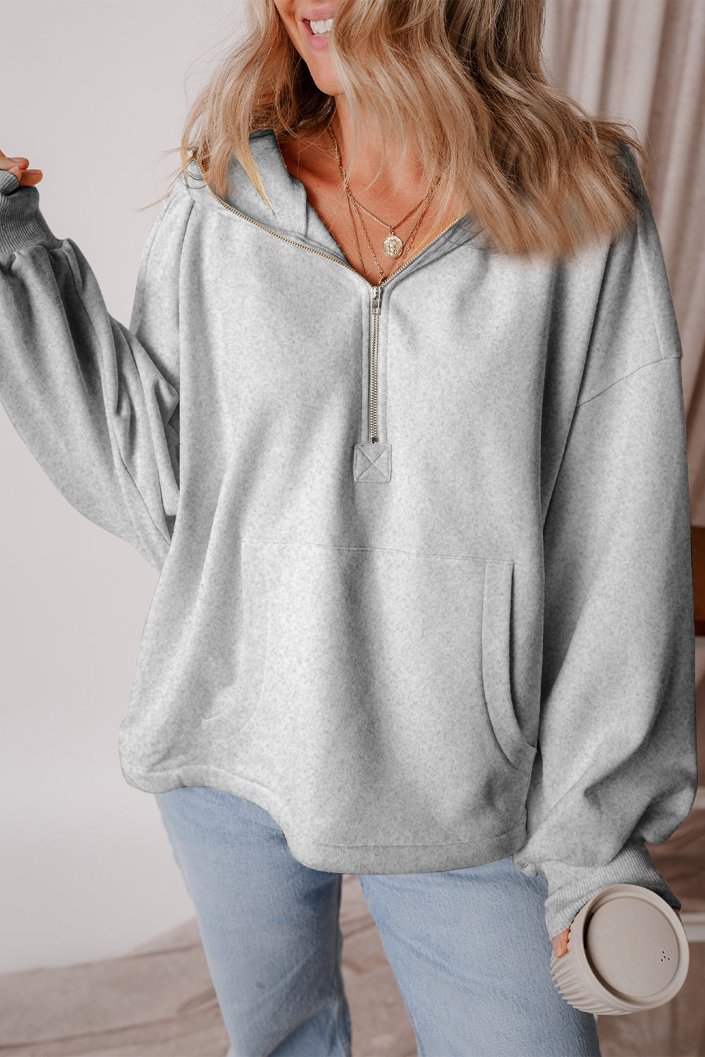 Pocketed Half Zip Dropped Shoulder Hoodie