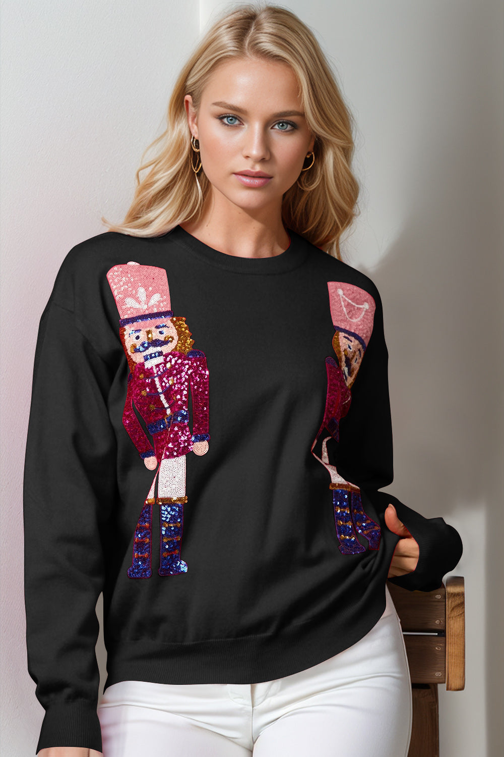 Double Take Full Size Nutcracker Sequin Long Sleeve Sweater