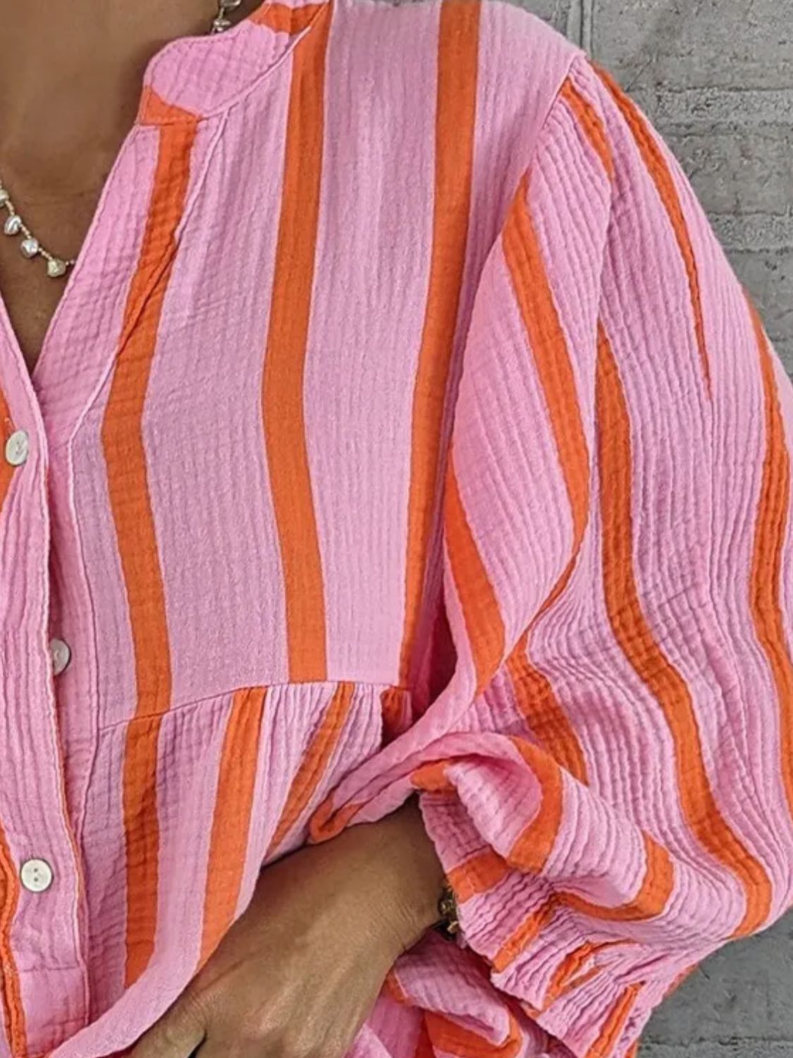 Striped Notched Long Sleeve Blouse