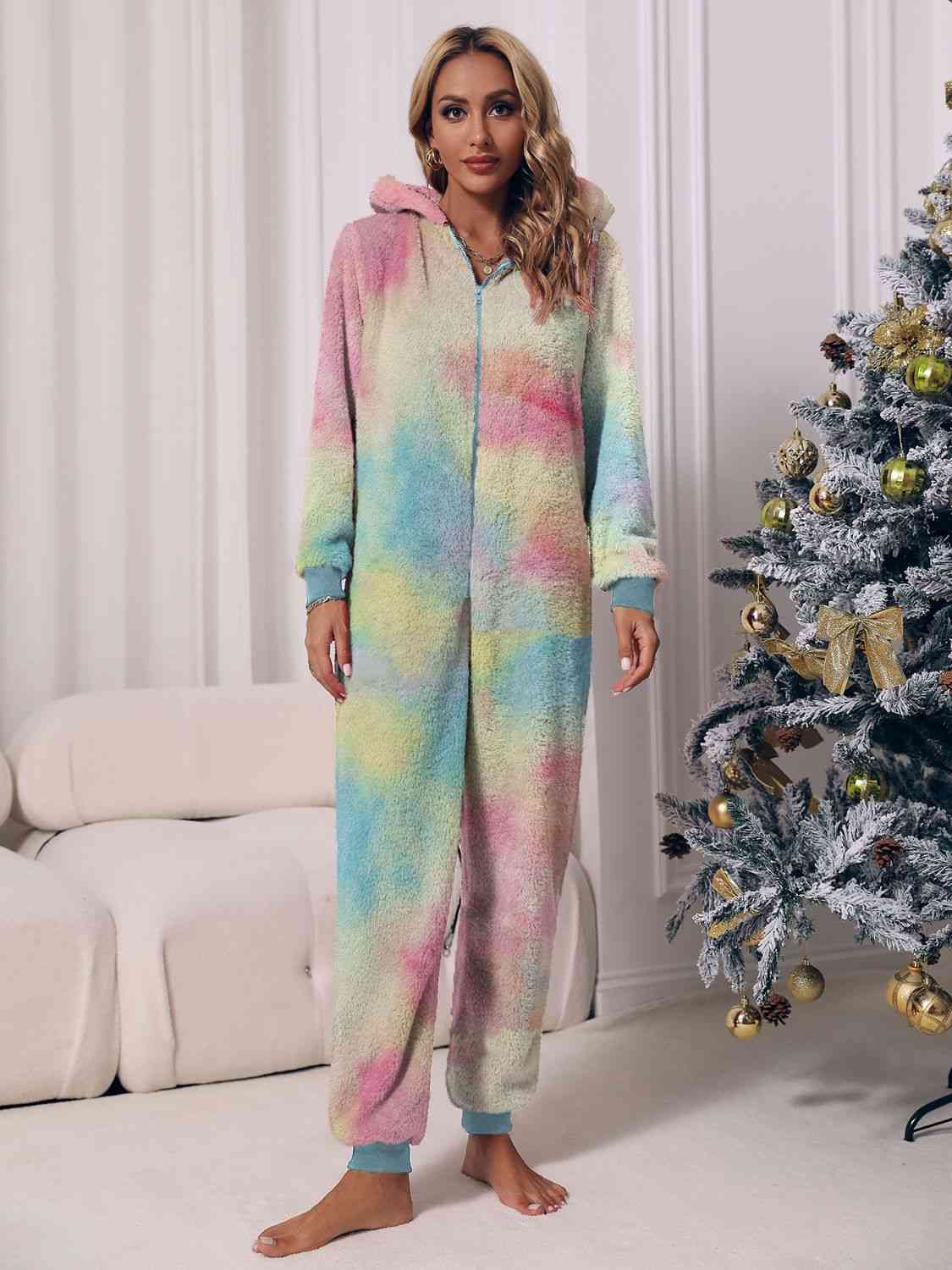 Zip Front Long Sleeve Hooded Teddy Lounge Jumpsuit