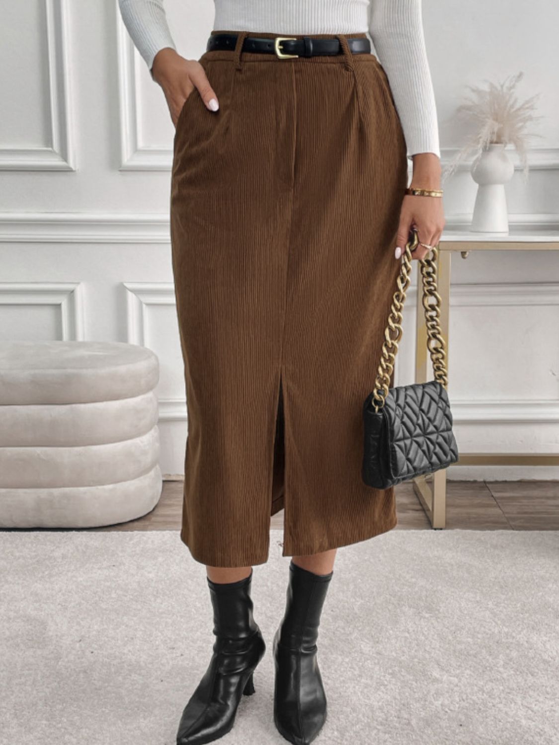 Perfee Slit Midi Skirt with Pockets