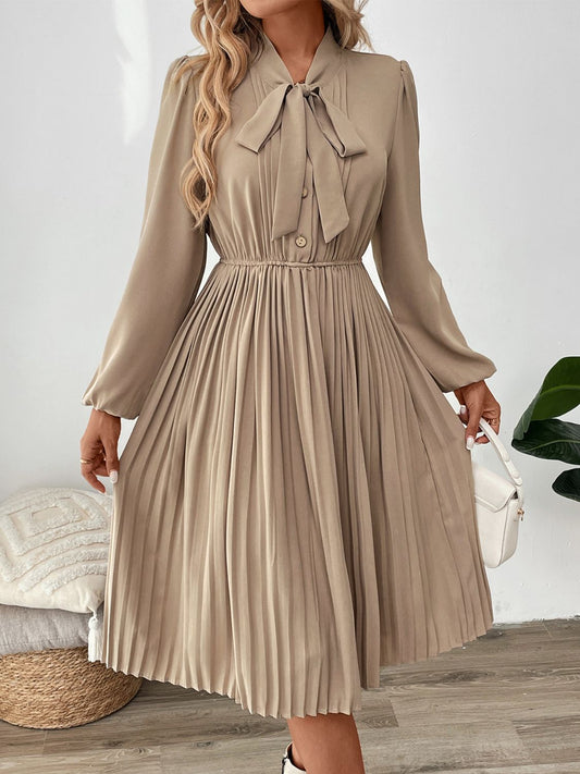 Perfee Pleated Tie Neck Long Sleeve Dress