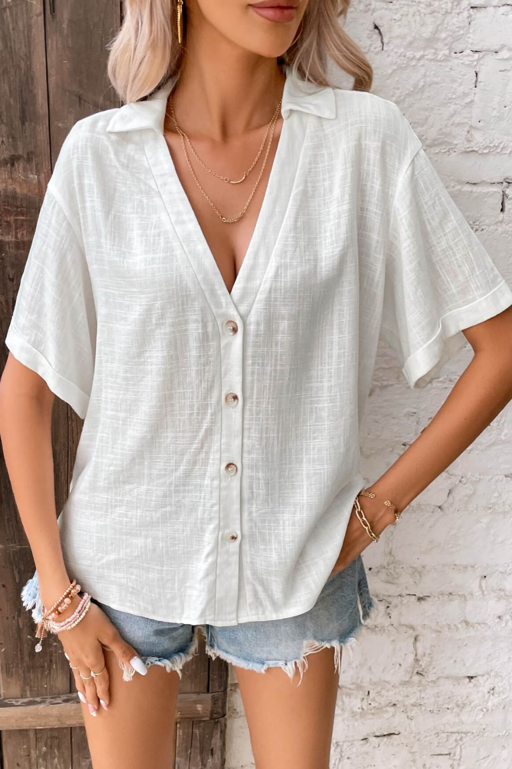 Honey Button Front Johnny Collared Blouse