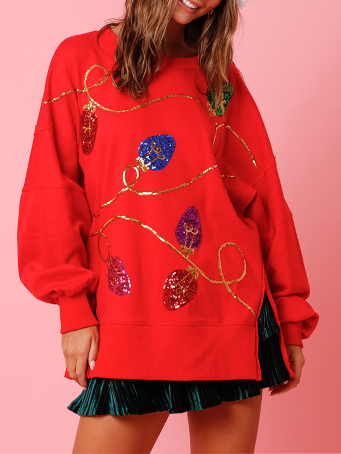 Slit Sequin Round Neck Sweatshirt