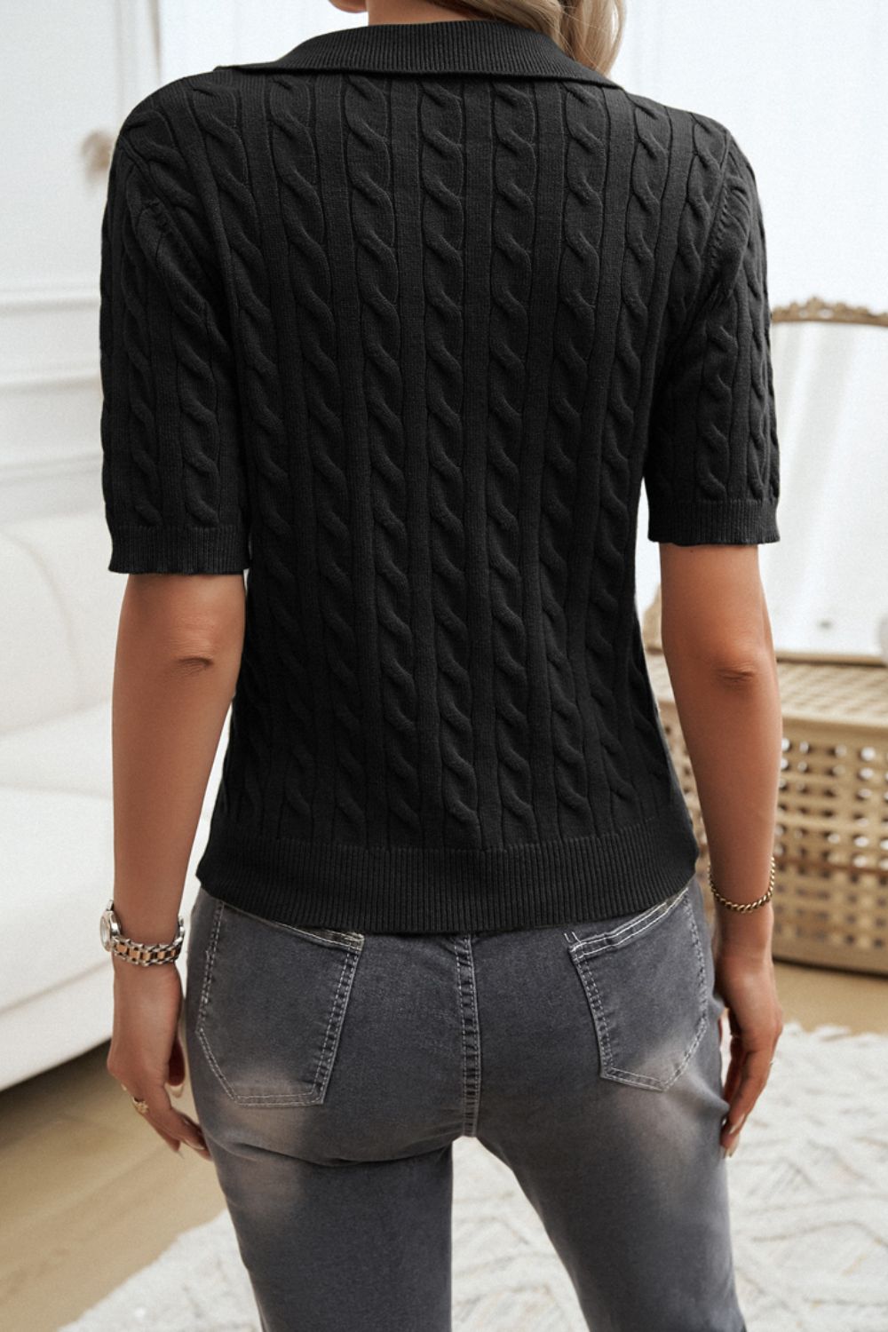 Devine Cable-Knit Short Sleeve Sweater