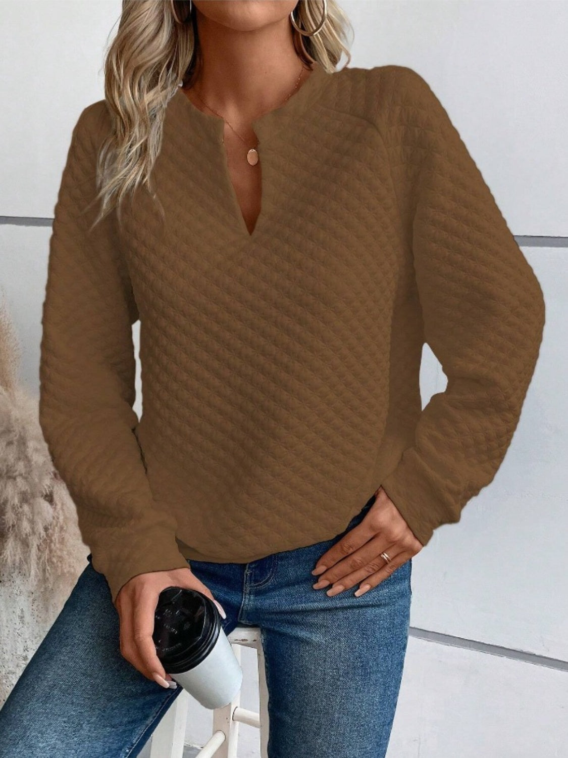 Notched Long Sleeve Sweatshirt