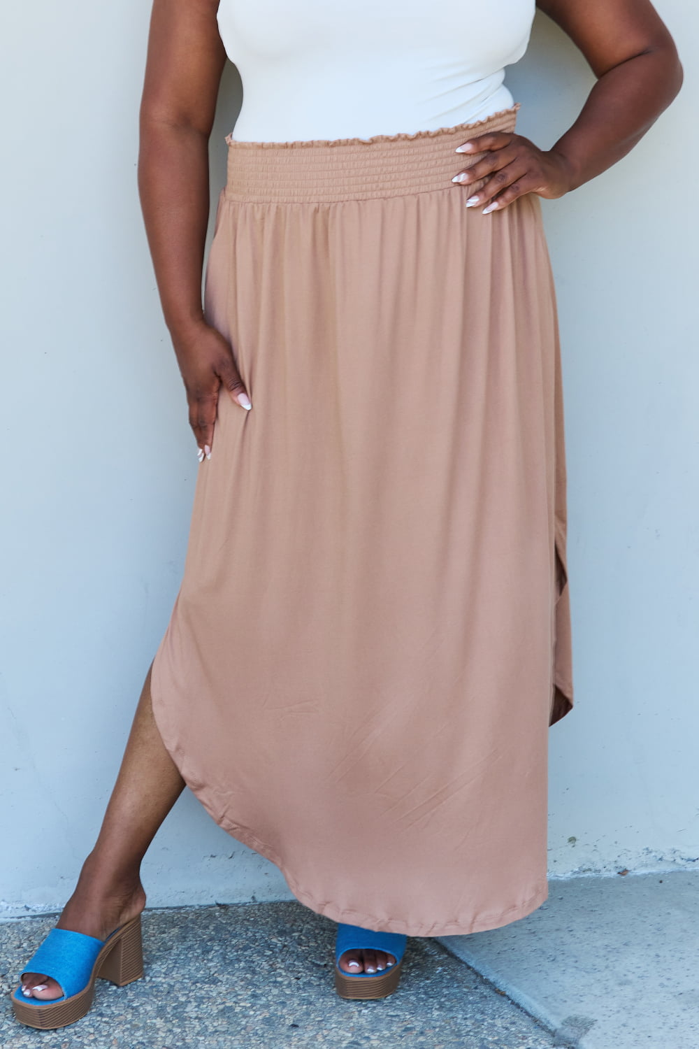 Doublju Comfort Princess Full Size High Waist Scoop Hem Maxi Skirt in Tan