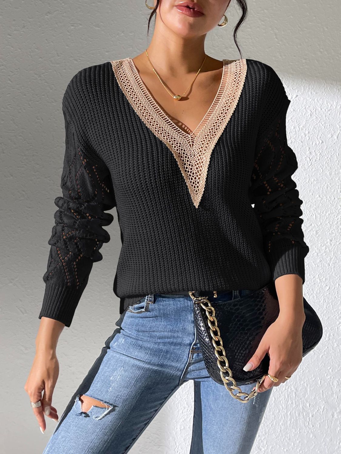 Openwork V-Neck Long Sleeve Sweater