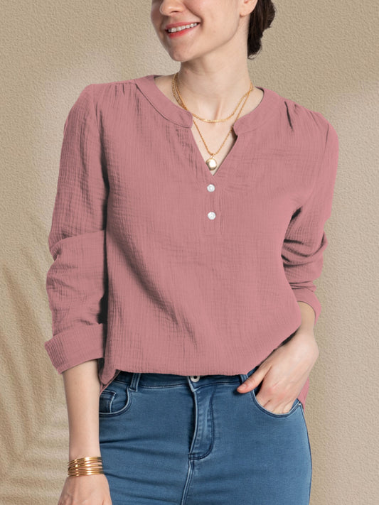 FAM-FAM Textured Notched Long Sleeve Blouse