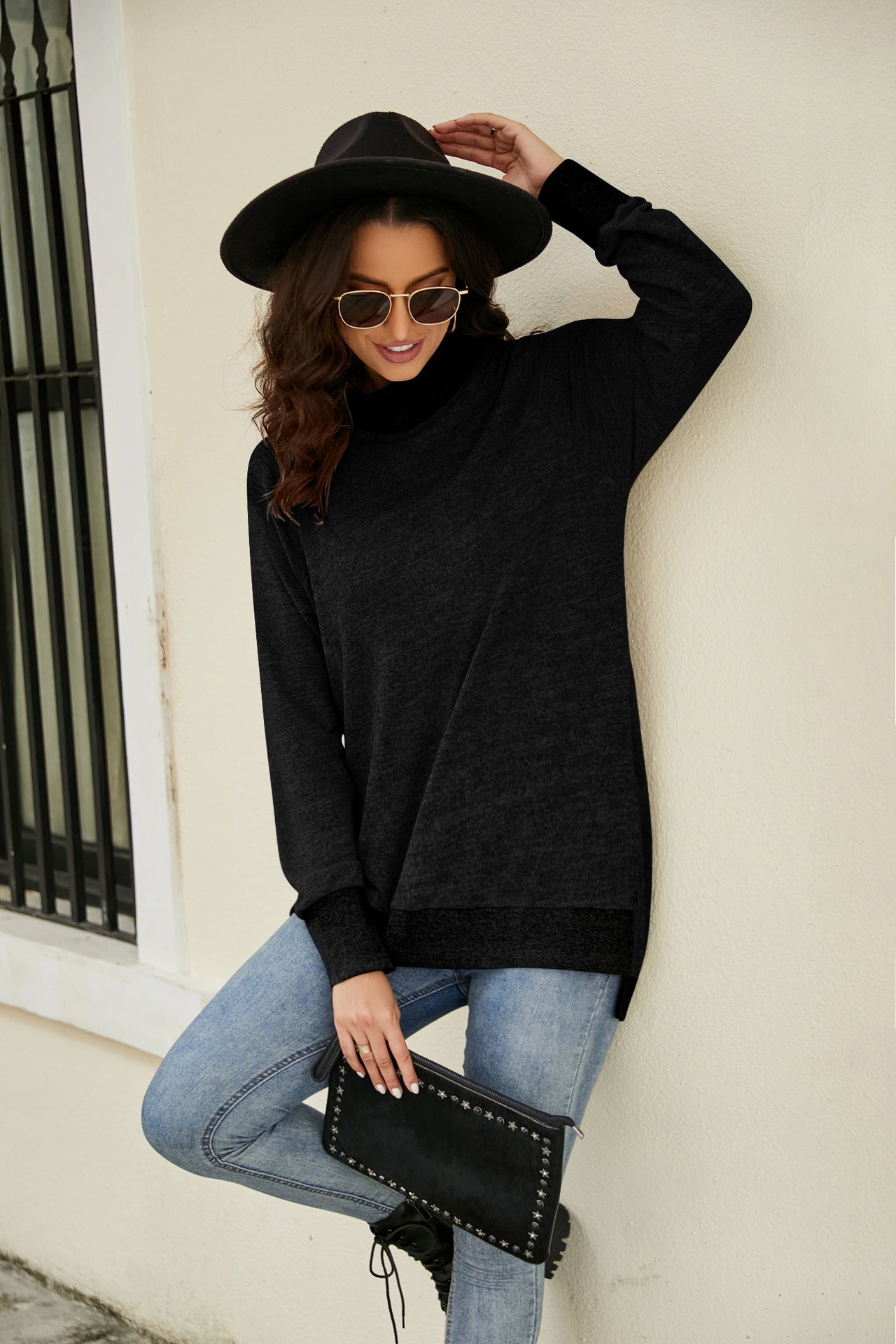 Heathered Slit High-Low Long Sleeve Top