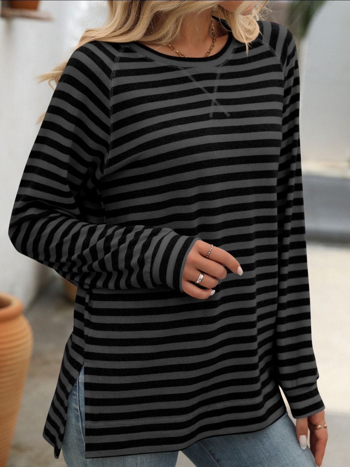 Mandy Striped Round Neck Long Sleeve T-Shirt