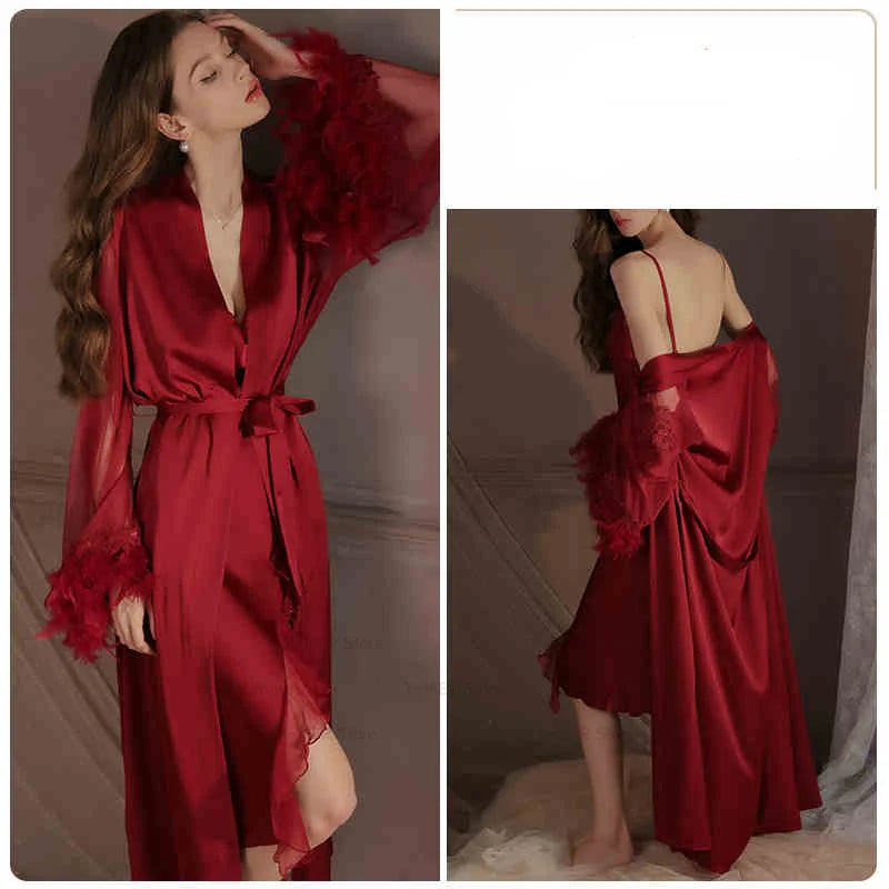 Feather Kimono Robe Satin Maxi Dressing Bathrobe