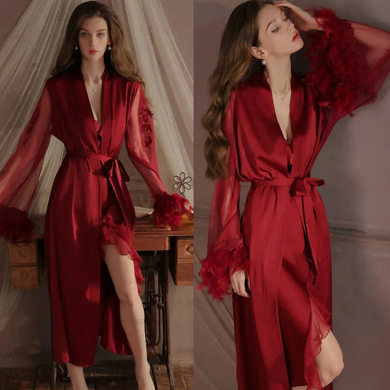 Feather Kimono Robe Satin Maxi Dressing Bathrobe