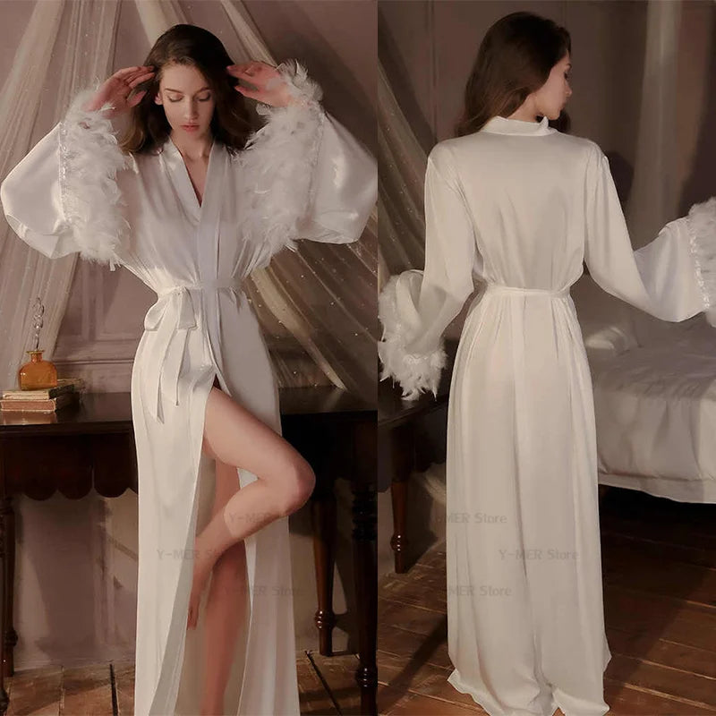 Feather Kimono Robe Satin Maxi Dressing Bathrobe