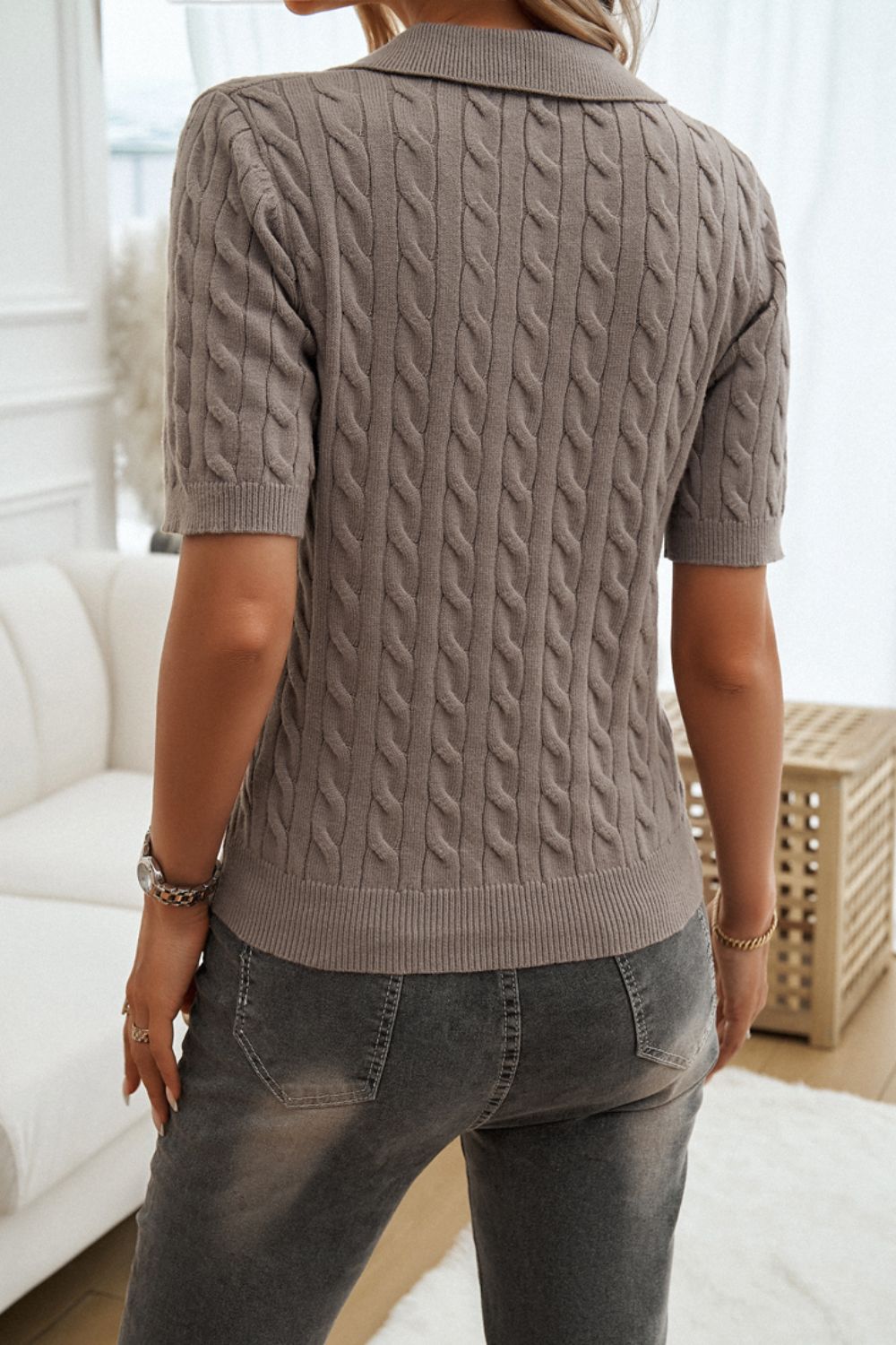 Devine Cable-Knit Short Sleeve Sweater