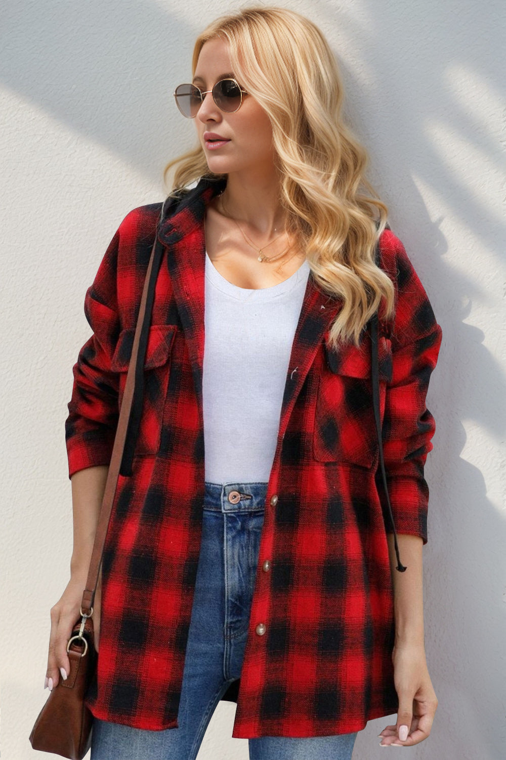 Double Take Drawstring Plaid Long Sleeve Hooded Shacket