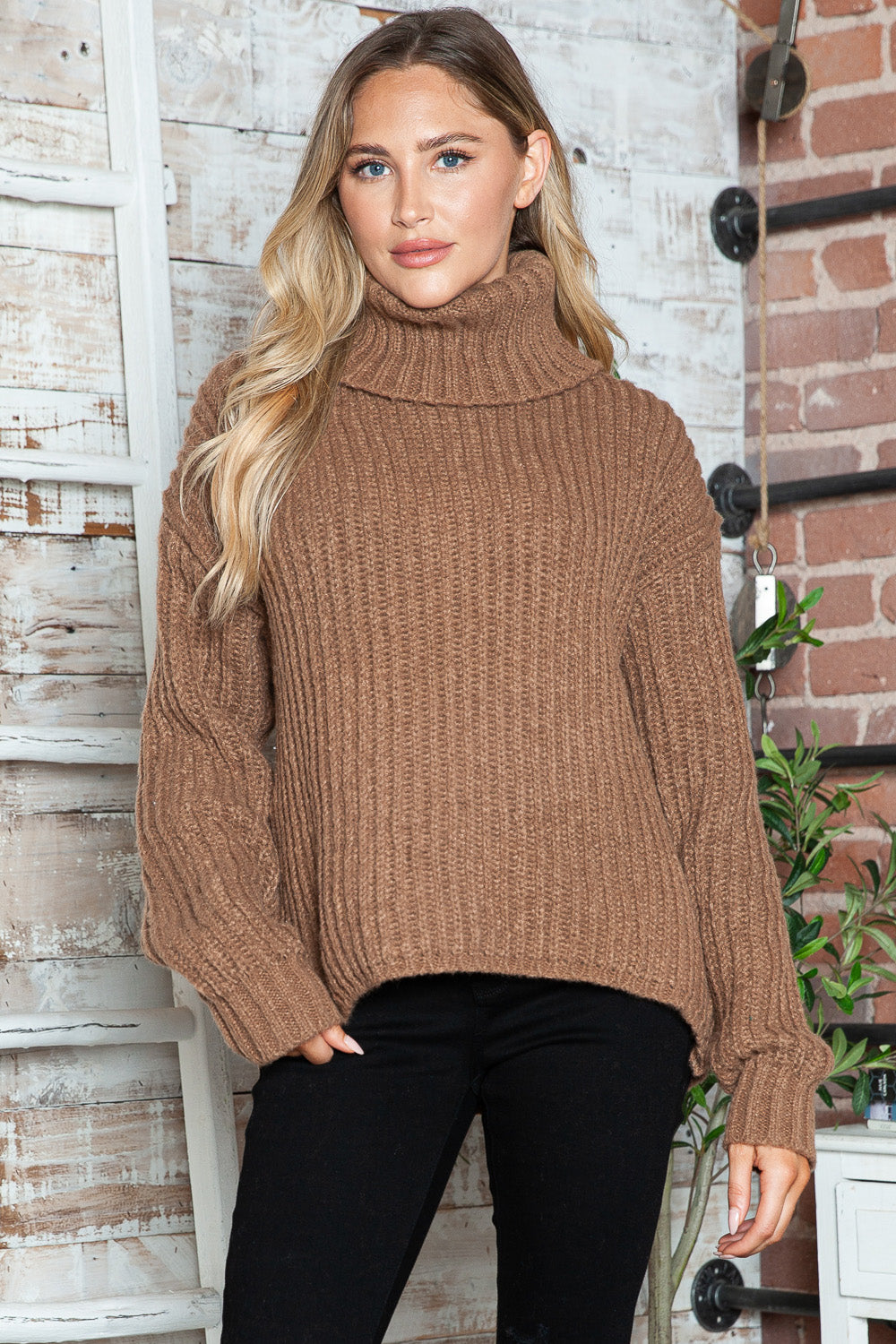 Turtleneck Dropped Shoulder  Pullover Sweater