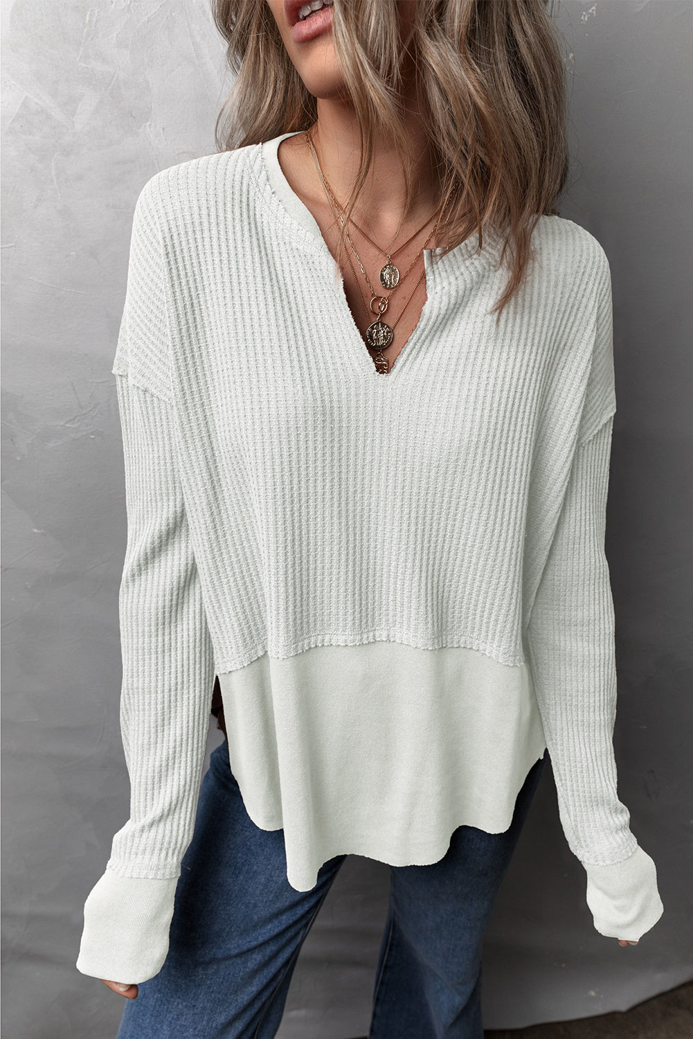 Waffle-Knit Exposed Seam Notched Long Sleeve Top