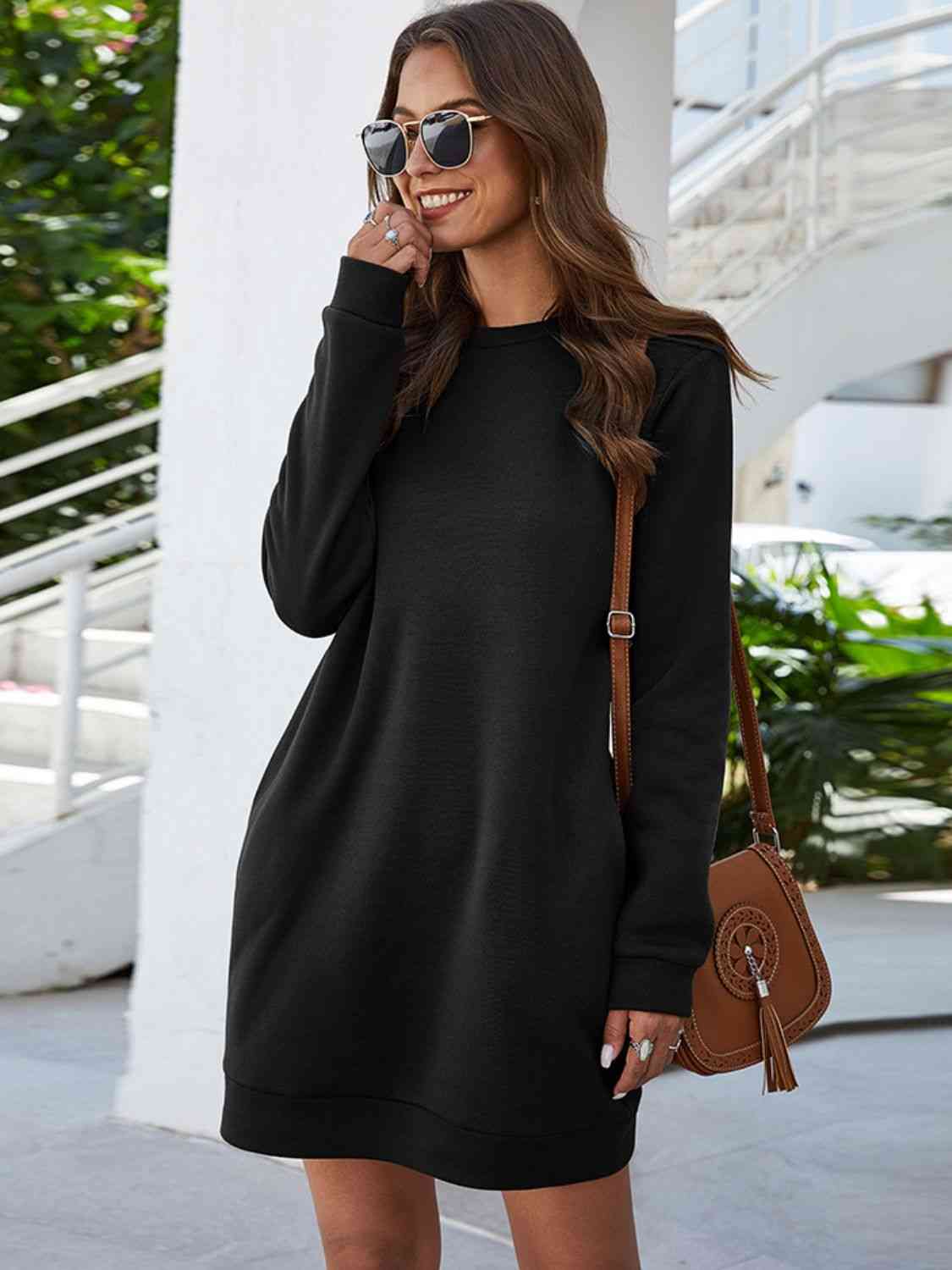 Round Neck Long Sleeve Mini Dress with Pockets