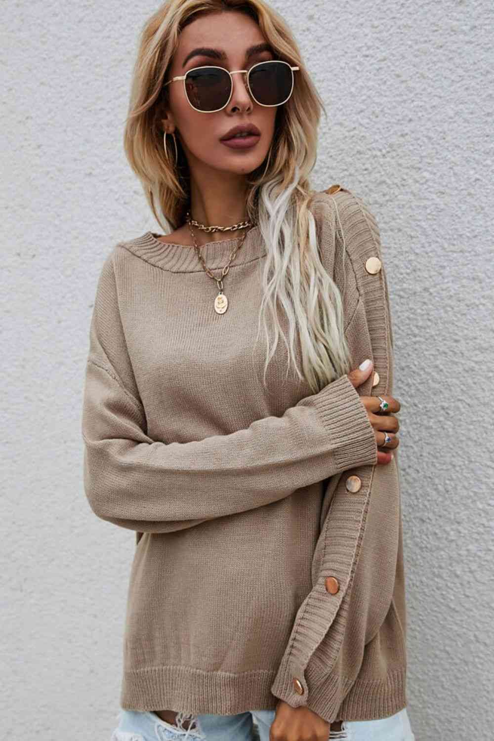 Button Detail Boat Neck Sweater