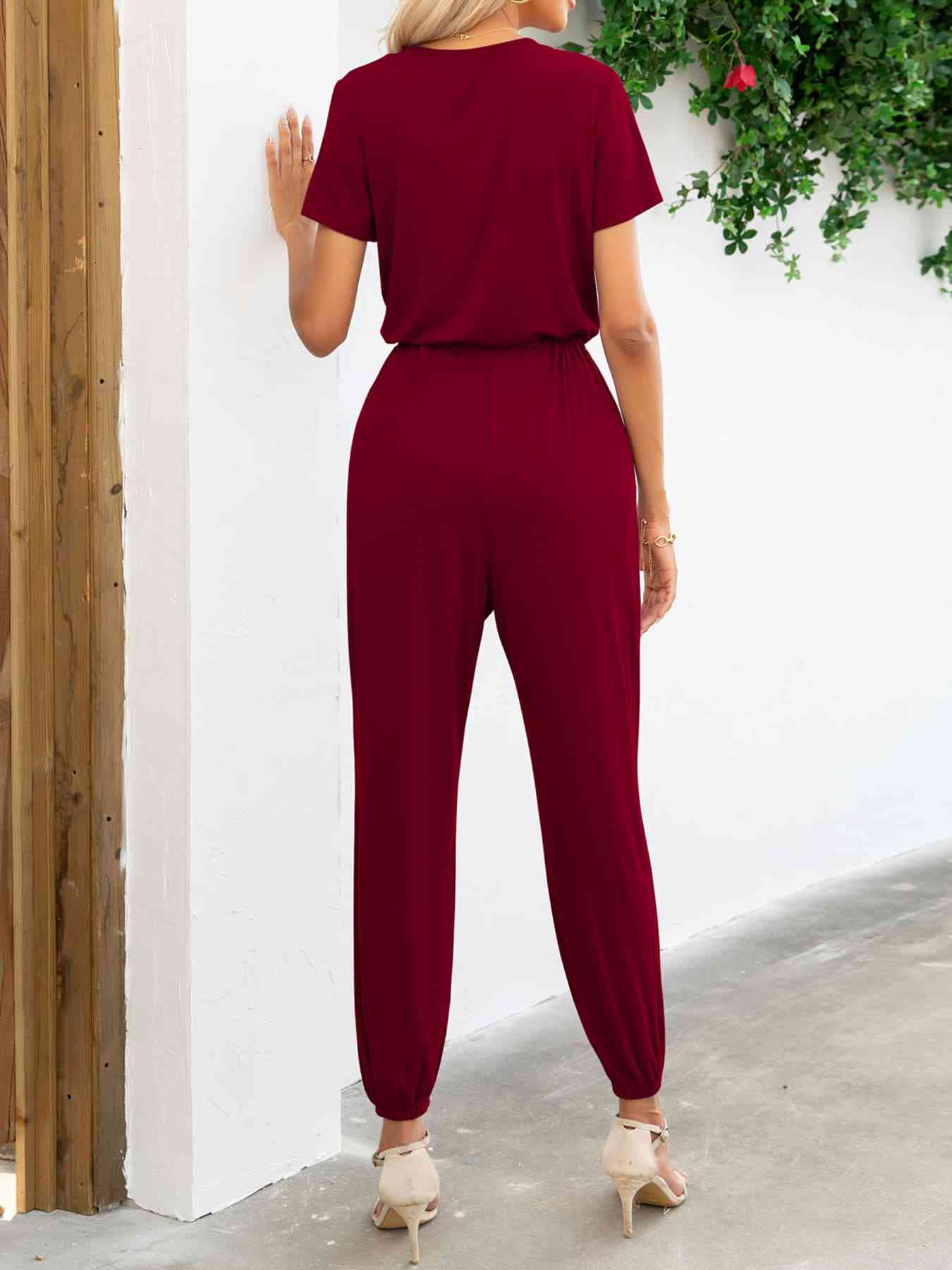 Short Sleeve V-Neck Jumpsuit with Pockets