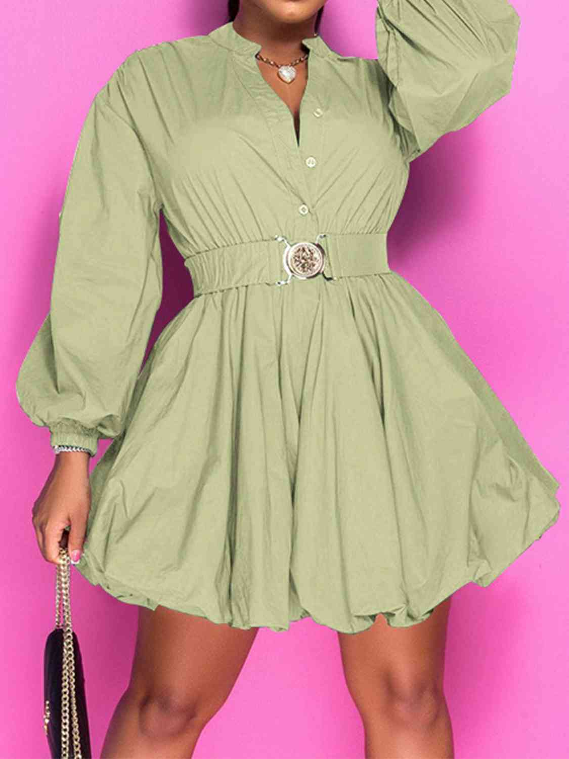 Notched Button Up Balloon Sleeves Dress