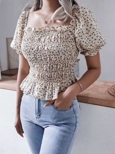 Frill Smocked Square Neck Short Sleeve Blouse