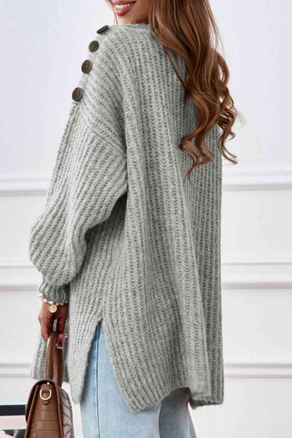 Buttoned Boat Neck Slit Sweater