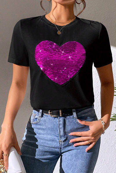 Heart Sequin Round Neck Short Sleeve T-Shirt