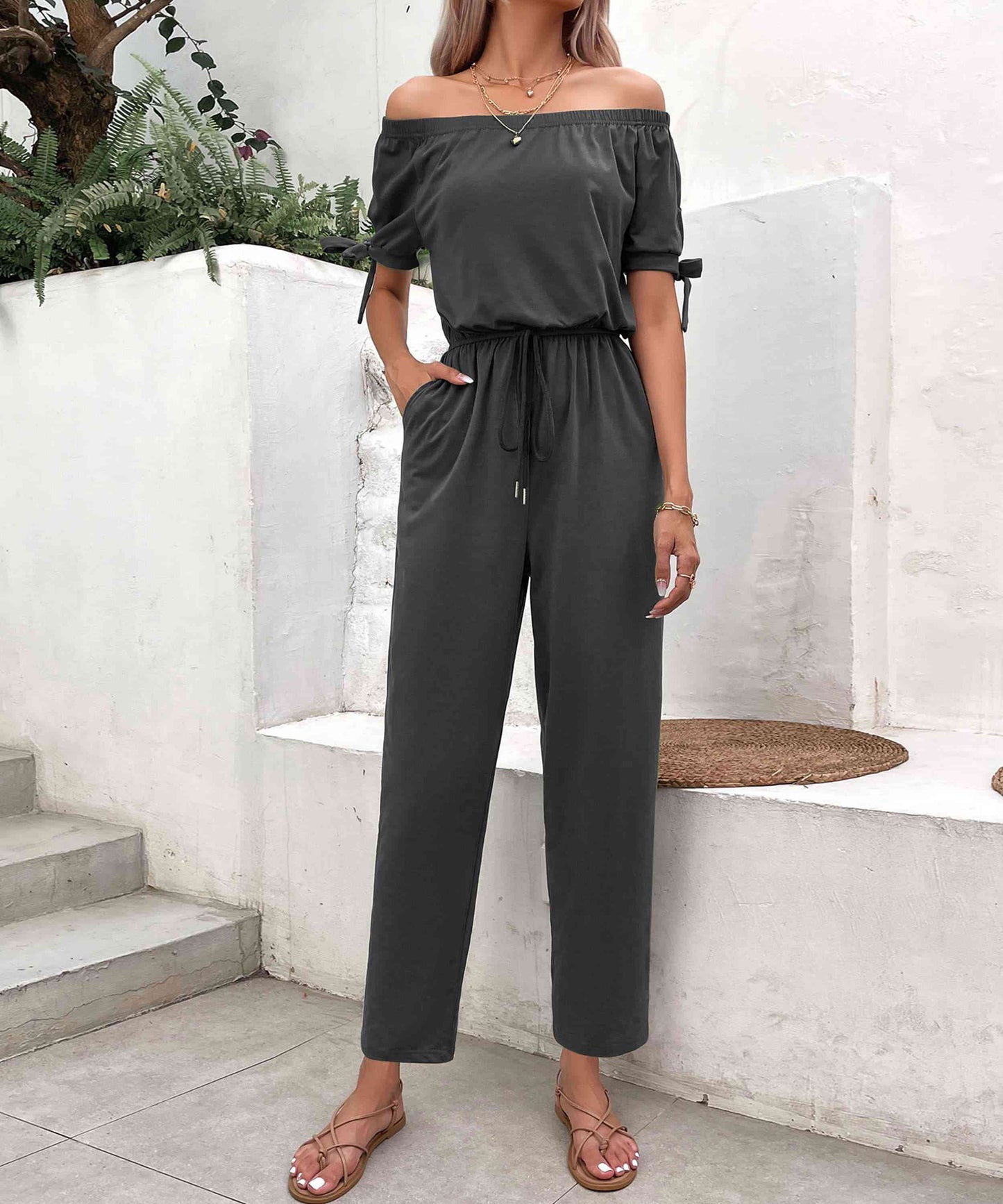 Off-Shoulder Tie Cuff Jumpsuit with Pockets