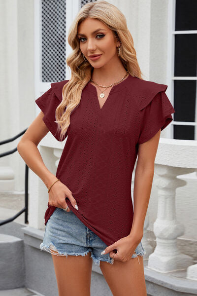 Eyelet Notched Short Sleeve T-Shirt