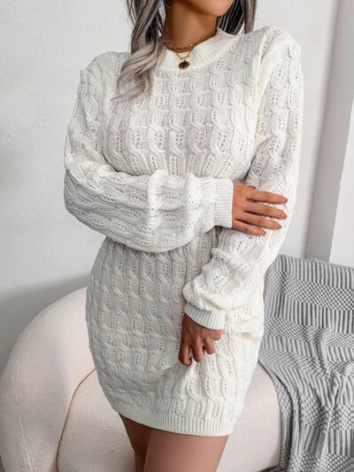 Cable-Knit Round Neck Mini Wrap Sweater Dress